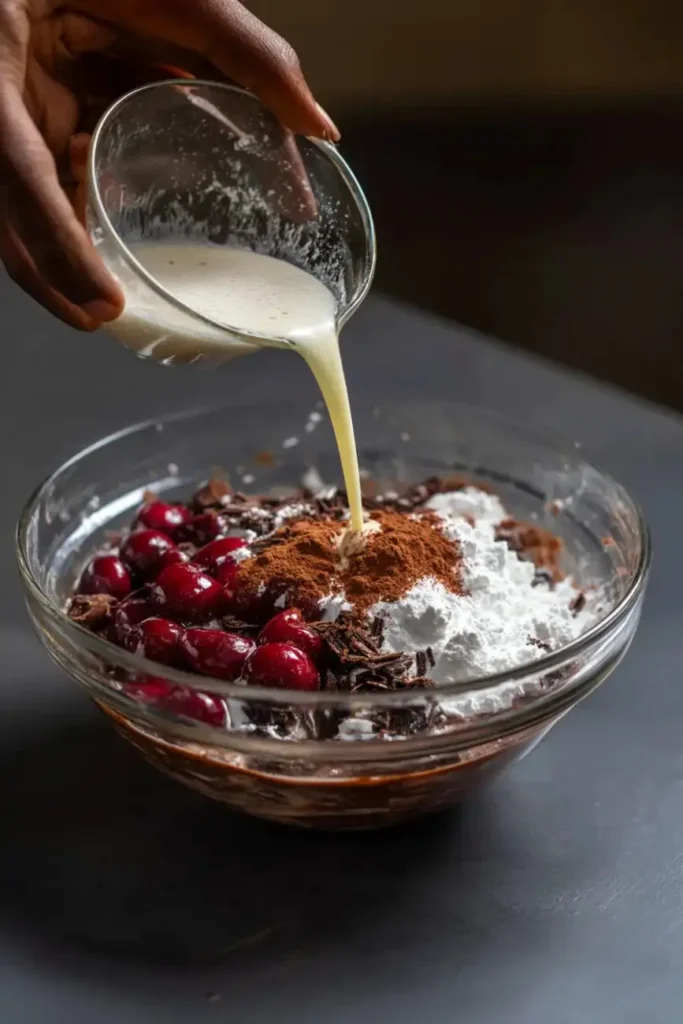Close-up of a mixing bowl with cherries, cocoa powder, flour, chocolate shavings, and milk being poured in for a Black Forest Cake batter.