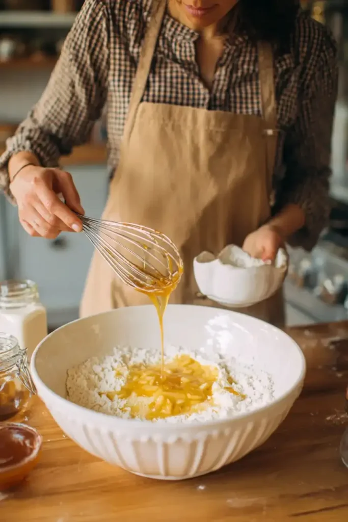 Person wearing an apron whisking caramel and flour mixture in a large white bowl while baking caramel apple crumb cake.