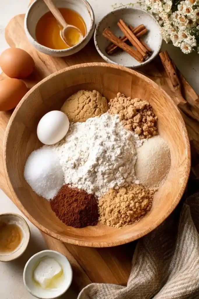 Wooden bowl filled with measured baking ingredients and spices.