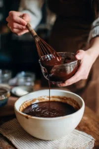 Preparing ganache topping with a whisk and pouring chocolate over cake mixture.