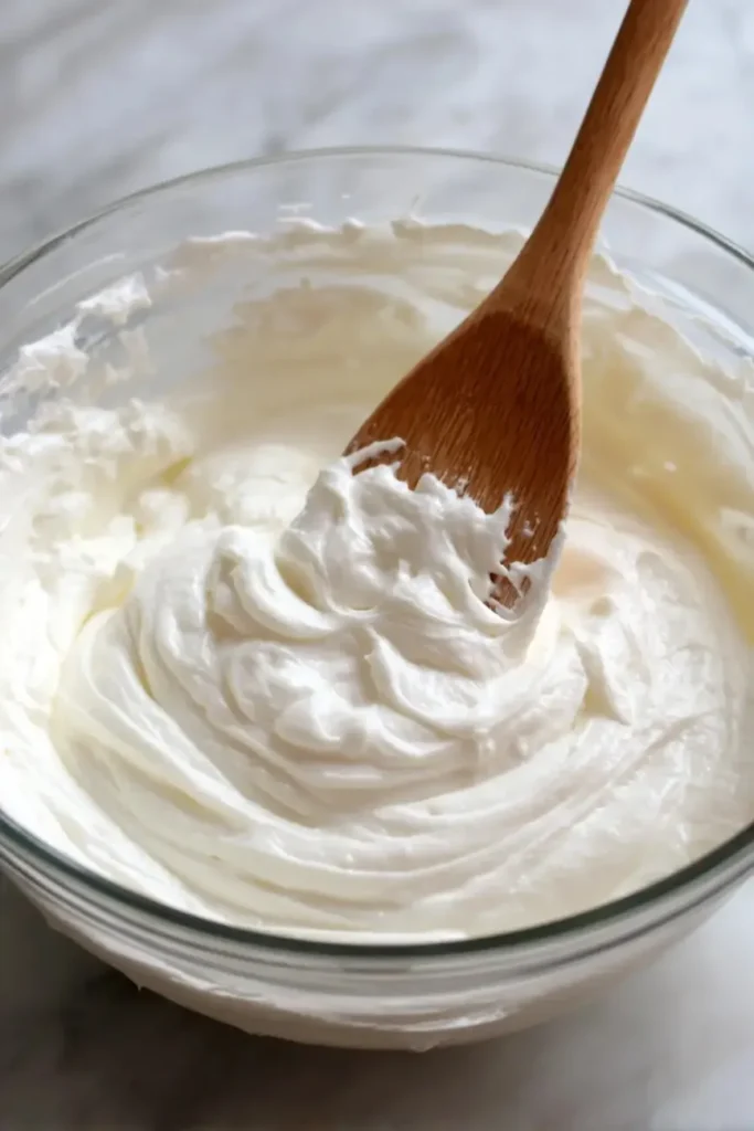 Bowl of whipped white frosting with a wooden spoon