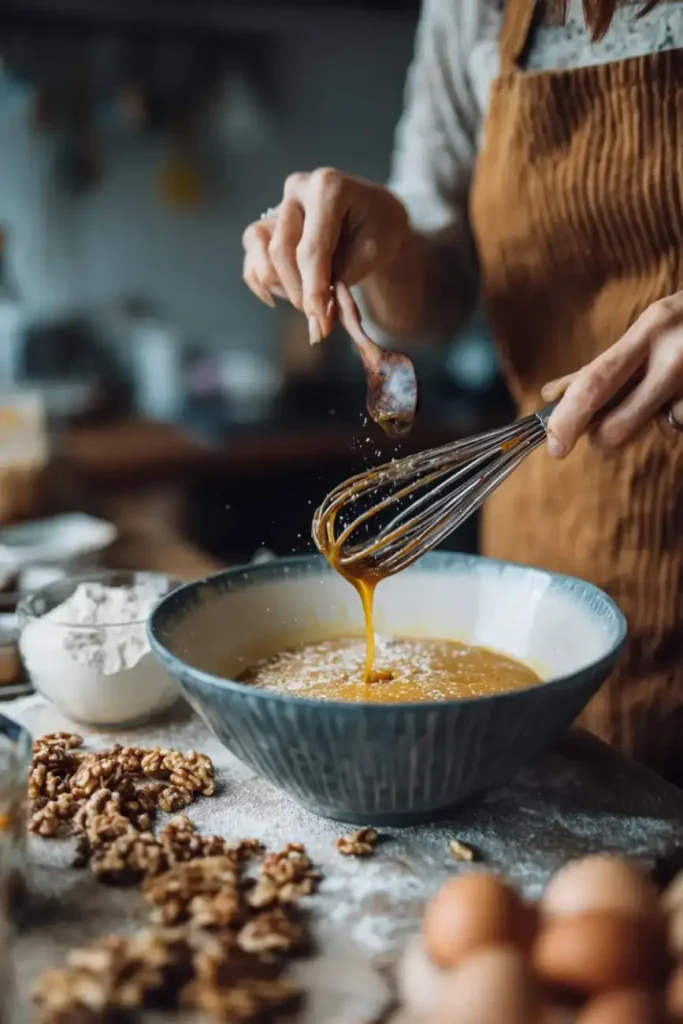 Home baker whisking golden coffee walnut cake batter in a ceramic bowl surrounded by flour and walnuts.