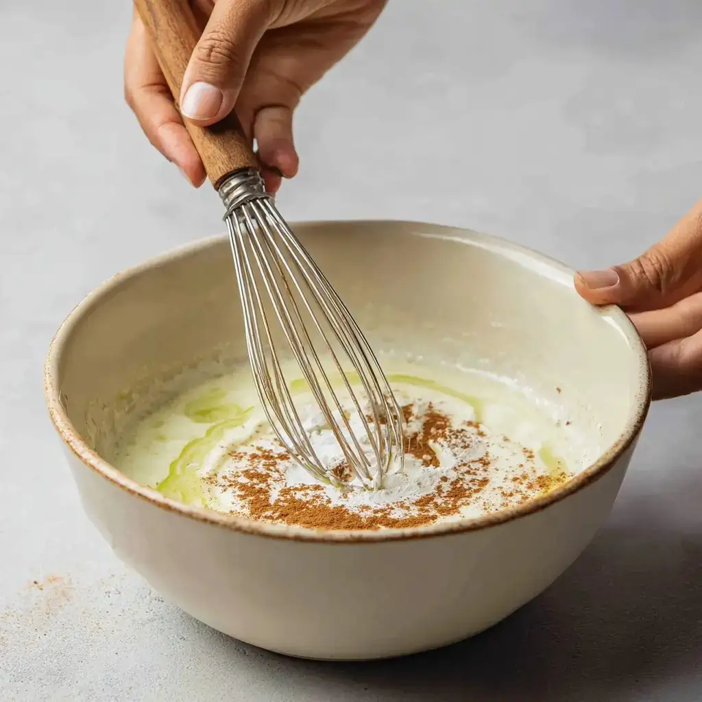 Close-up of hands whisking spiced cake batter with cinnamon in a ceramic bowl.