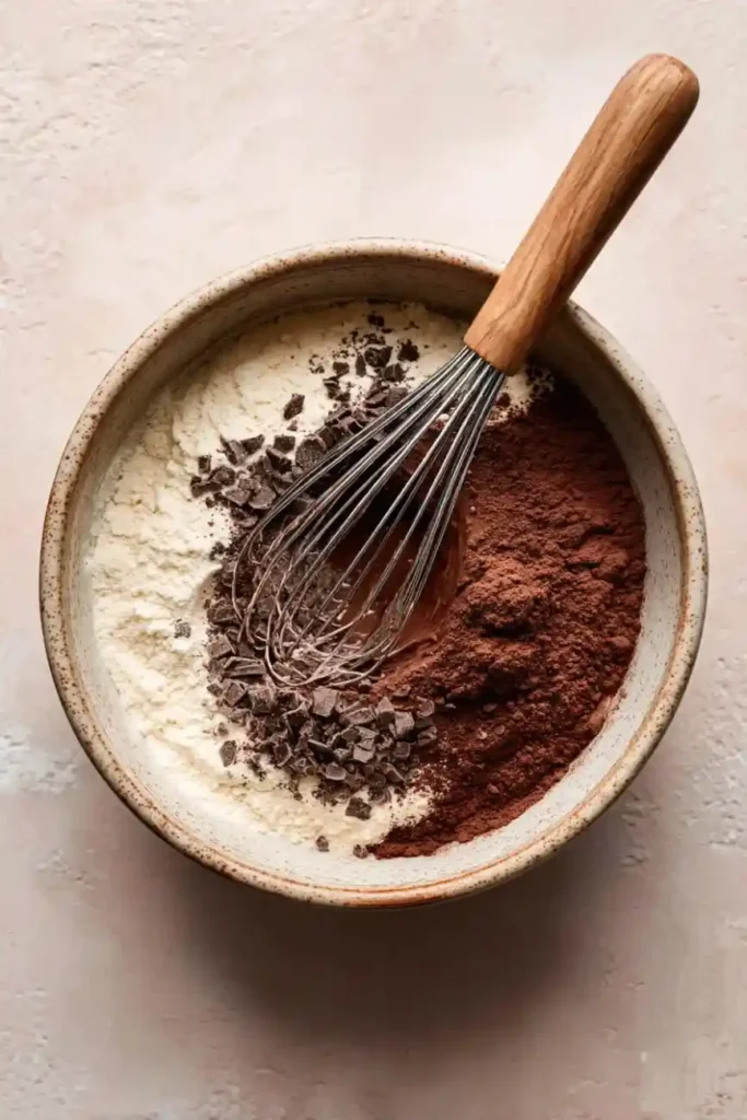 Bowl of flour, cocoa powder, and chopped chocolate chunks with a whisk resting on top, ready to mix for a dirt cake base.