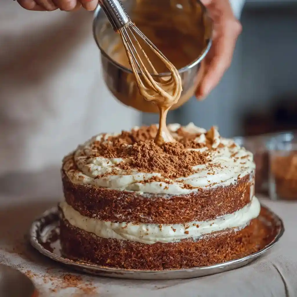 Hand pouring caramel glaze over a two-layer gingerbread cake with cream frosting.