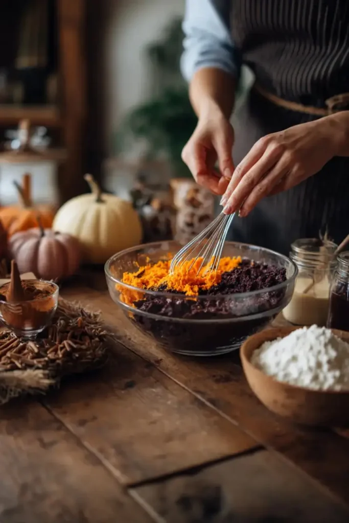 Hands whisking bright orange frosting into brownie batter in a glass bowl surrounded by pumpkins, flour, and autumn spices.