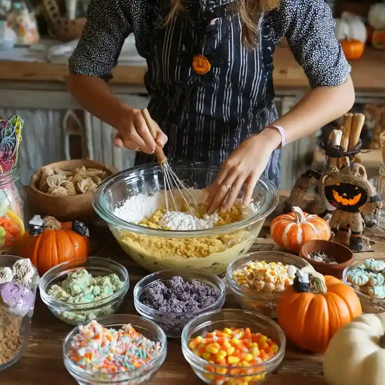 Person whisking Halloween cookie dough in a glass bowl surrounded by bowls of candy corn, frosting, and sprinkles with pumpkin decorations.