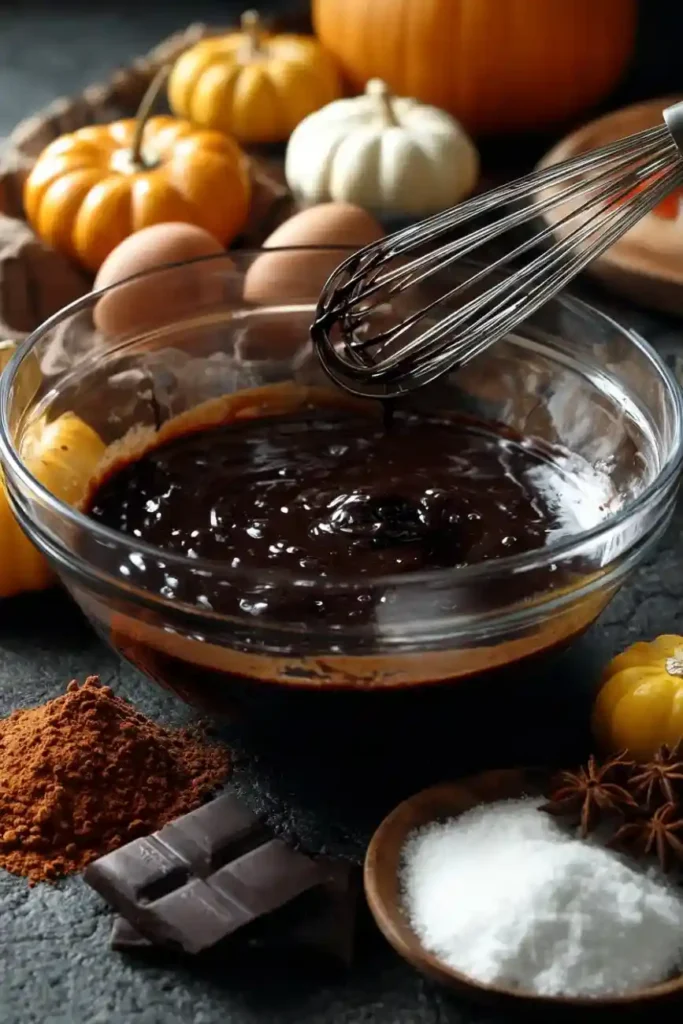 Mixing chocolate ganache in a glass bowl surrounded by pumpkins and fall spices.