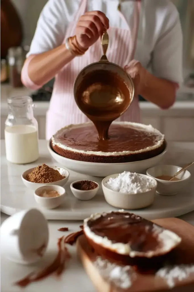 Baker pouring chocolate ganache over a frosted cake layer surrounded by bowls of cocoa, sugar, and spices.