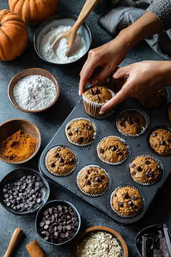 Hands placing pumpkin chocolate chip muffin batter into a muffin tray surrounded by flour, spices, and chocolate chips.