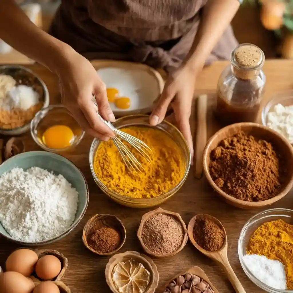 Whisking pumpkin spice mixture surrounded by ingredients like flour, eggs, and cinnamon.