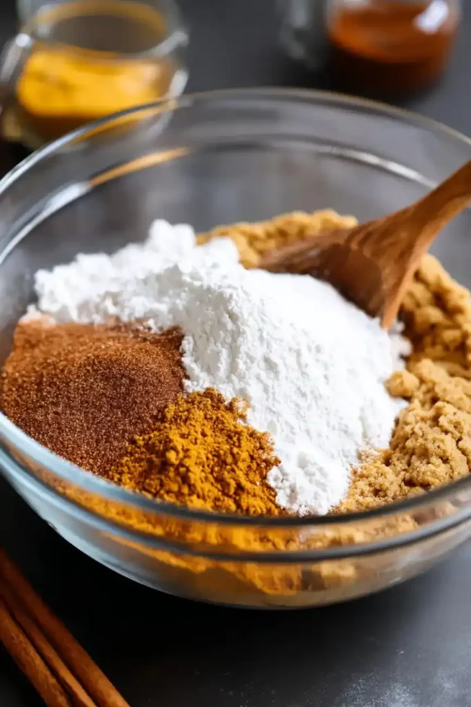 Glass bowl with brown sugar, flour, cinnamon, and pumpkin pie spice ready to be mixed for Snickerdoodle Pumpkin Bars.