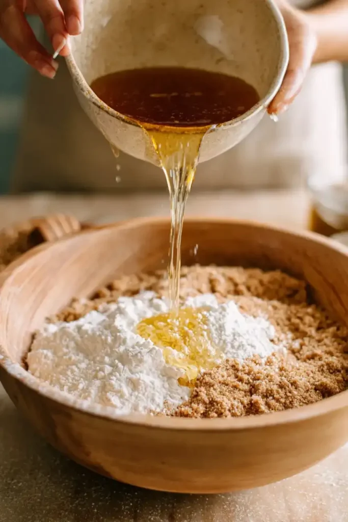 Thick rum syrup being poured into a wooden bowl filled with flour and brown sugar.