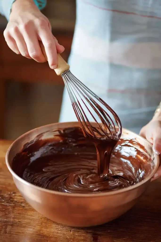 Close-up of whisk stirring glossy chocolate cake batter in a copper mixing bowl.