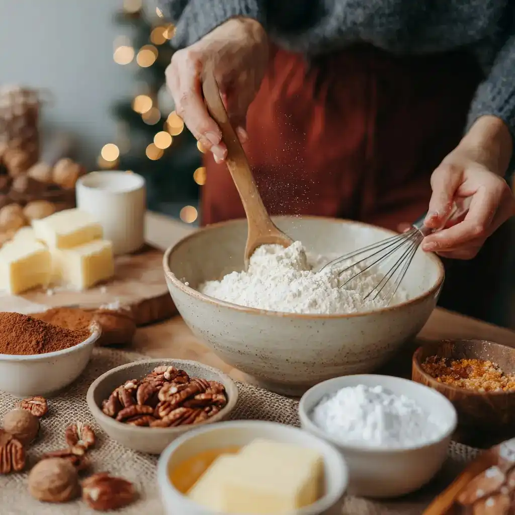 Hands mixing flour and butter in a bowl with Christmas lights in the background.