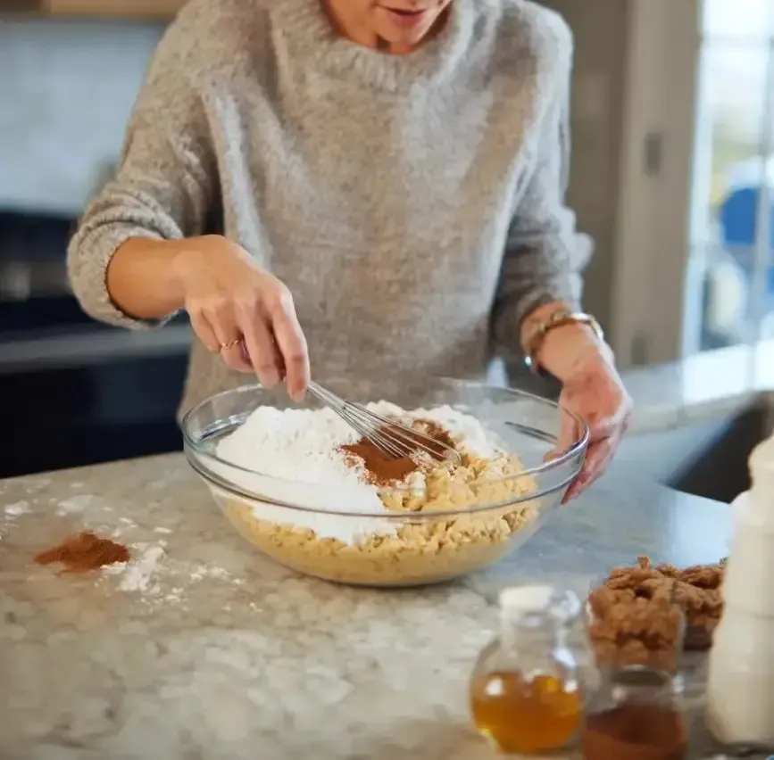 Woman whisking cookie dough ingredients in a clear mixing bowl on kitchen counter.