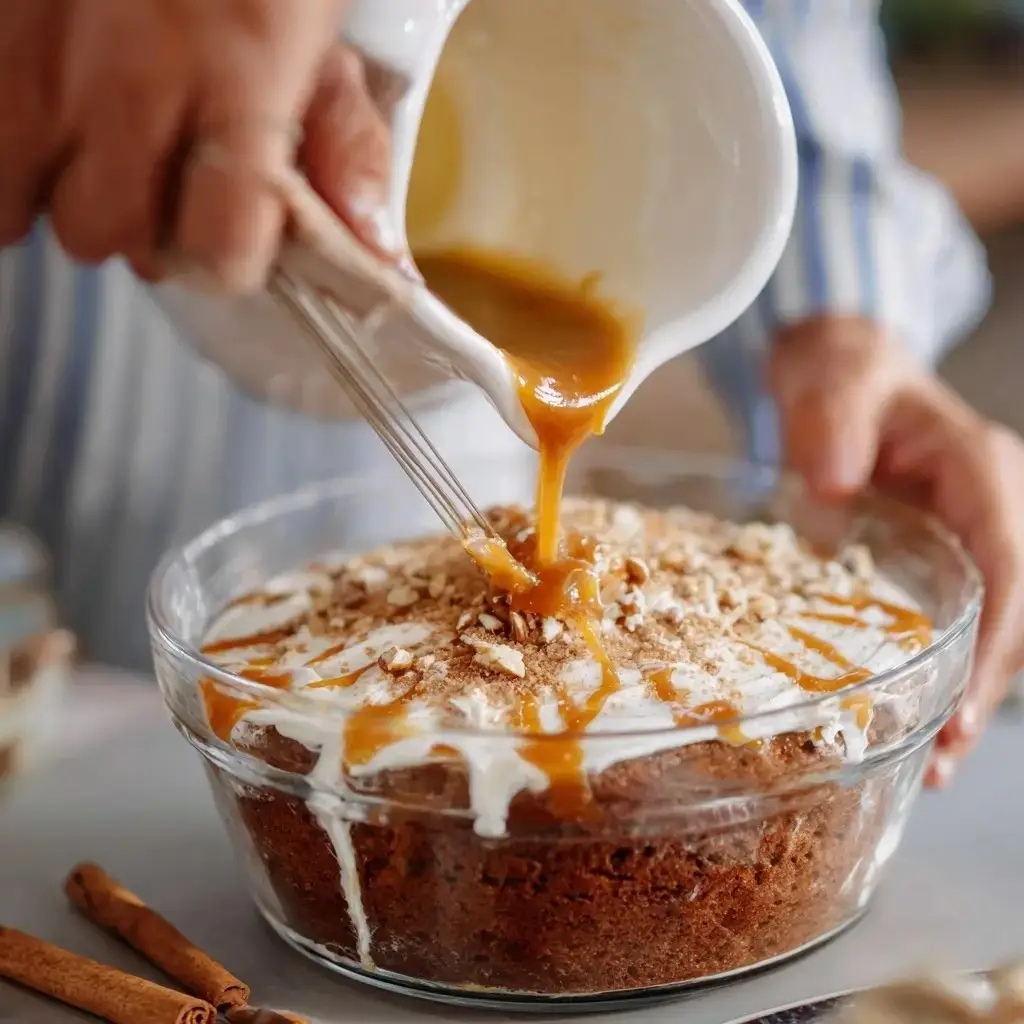 Homemade pumpkin spice latte cake in a glass dish topped with frosting, chopped nuts, and warm caramel being poured on top.