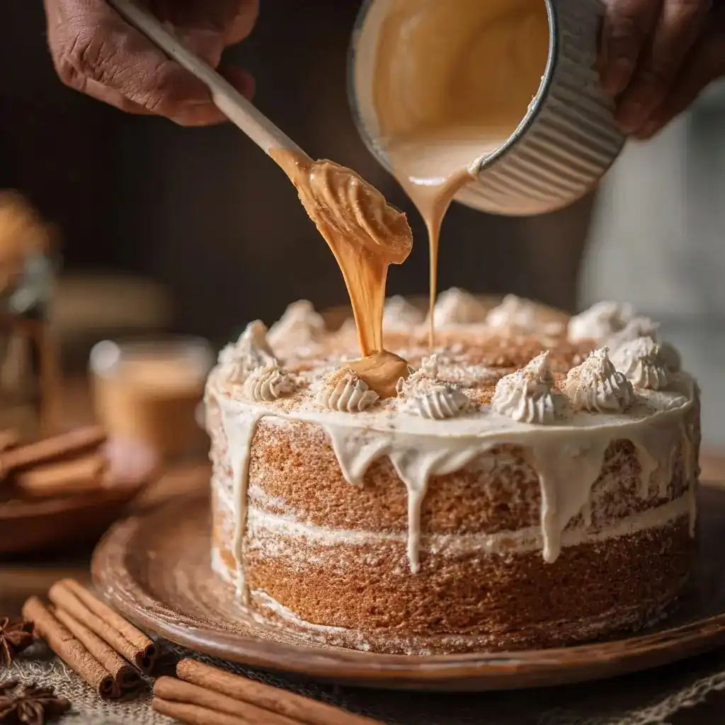 Hands pouring espresso caramel glaze over a partially frosted pumpkin spice latte cake decorated with cinnamon sticks.