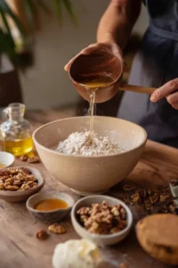 Close-up of hands pouring melted butter into a bowl of flour and walnuts on a wooden table while preparing maple walnut cake batter.