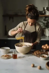 Woman in a cozy kitchen pouring melted butter into a large mixing bowl filled with flour and chopped walnuts while baking maple walnut cake.