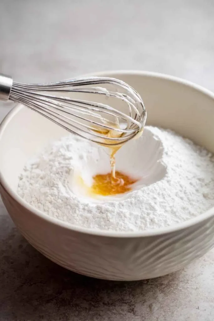 A whisk drizzling honey or vanilla extract into a bowl of powdered sugar to make frosting.