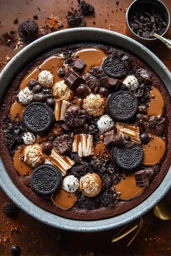 Rich chocolate cookie cake topped with Oreos, caramel drizzle, whipped cream, and candy bars for a decadent Halloween dessert.
