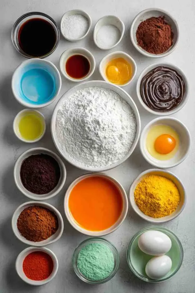 Overhead shot of baking ingredients including flour, cocoa, eggs, food coloring, and vanilla extract.