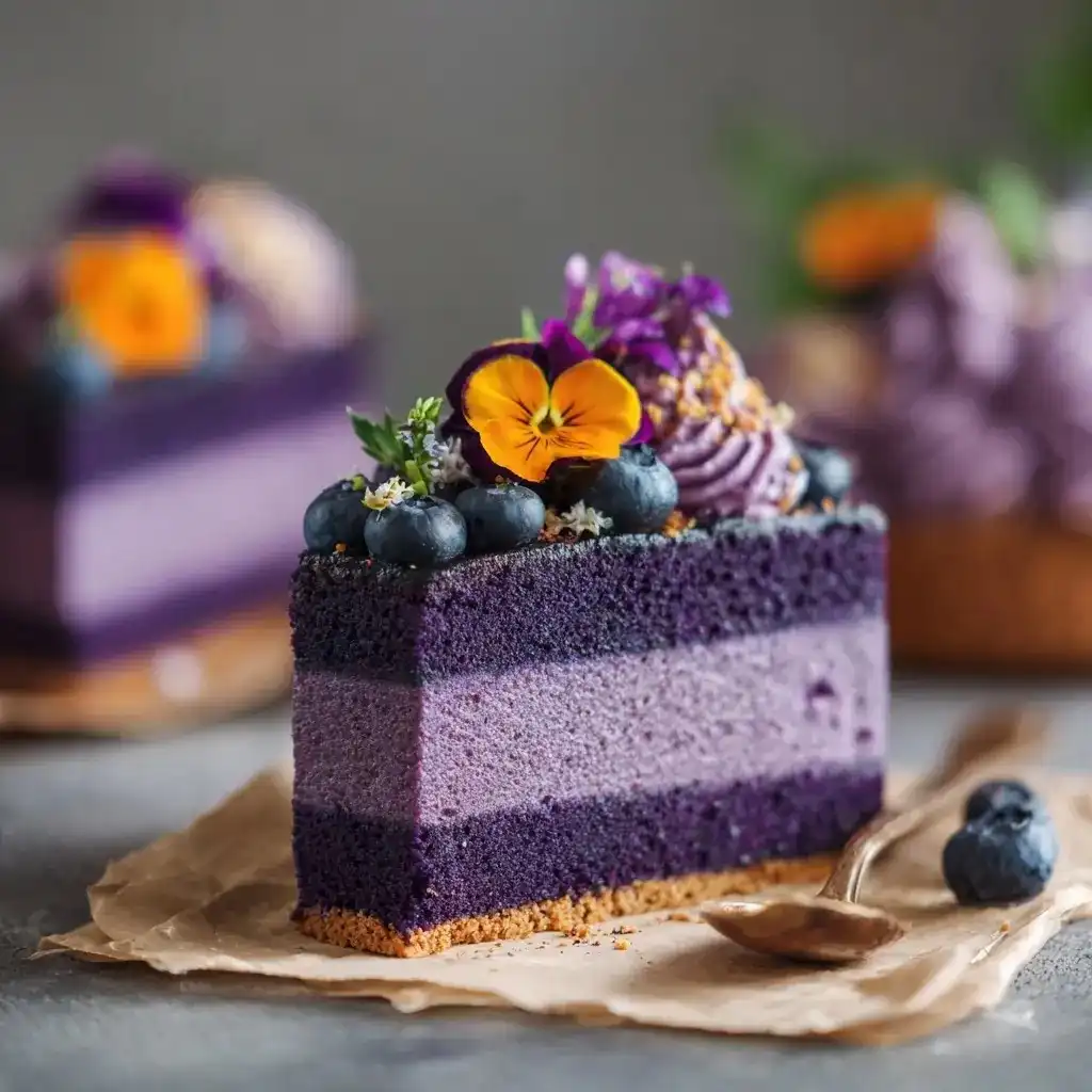 A slice of layered purple sweet potato cake topped with blueberries and edible flowers on parchment paper.