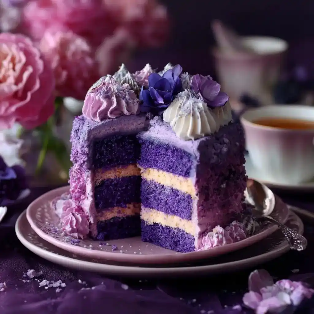 A sliced purple sweet potato layer cake with lilac frosting and floral decorations beside a cup of tea.