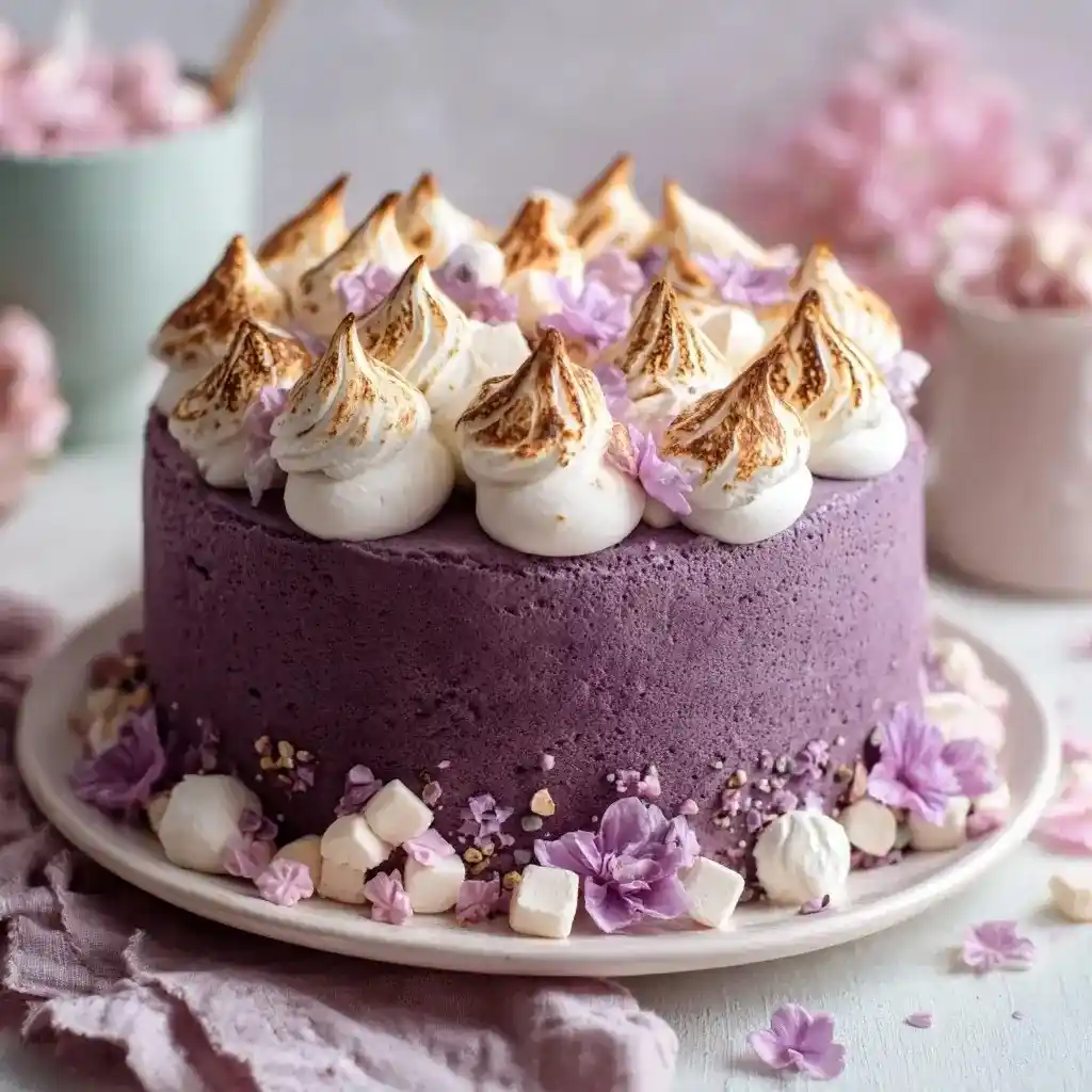 Purple sweet potato cake topped with toasted meringue swirls and pink blossoms on a white plate.
