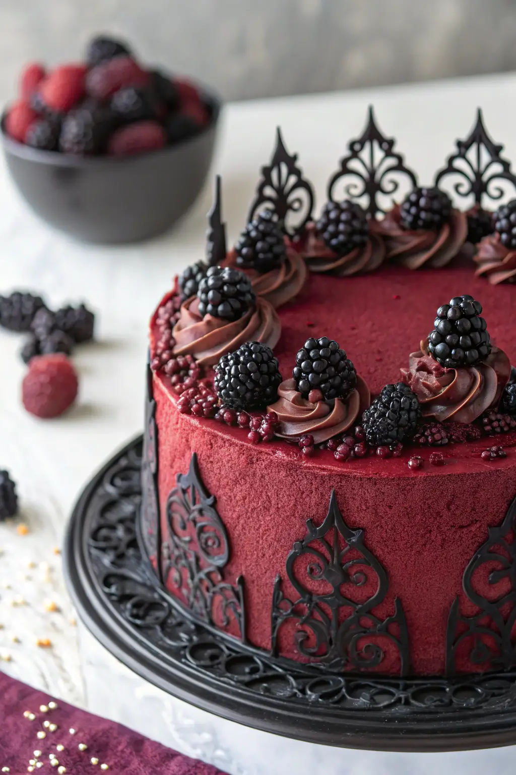 Gothic blackberry velvet cake with ornate black chocolate lace and fresh blackberries on top.