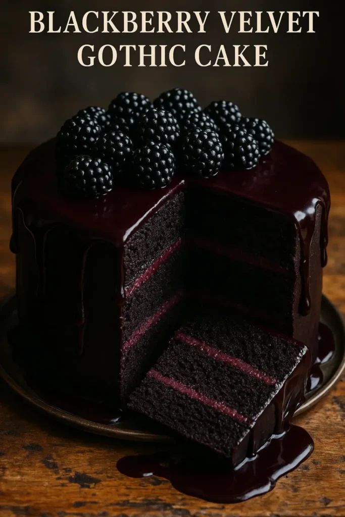 A luxurious blackberry velvet gothic cake with glossy ganache and fresh blackberries on top, sliced to reveal dark chocolate layers filled with deep purple blackberry cream.