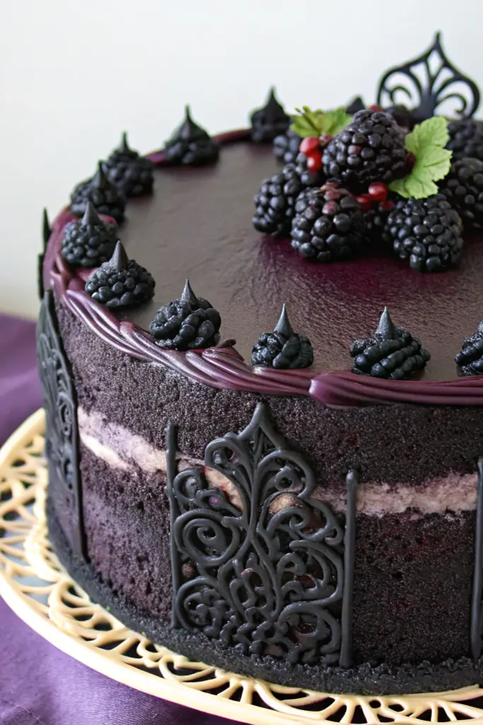 Dark chocolate blackberry velvet cake with gothic lace decorations and glossy berry topping.