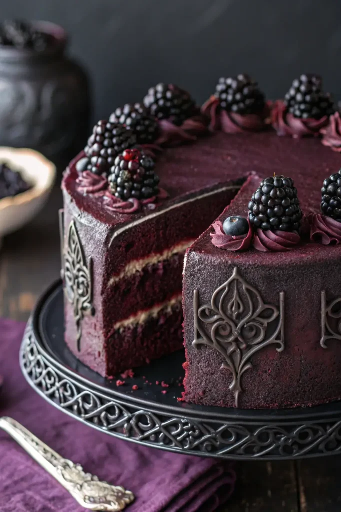 Blackberry velvet cake dusted with powdered sugar and topped with fresh blackberries.