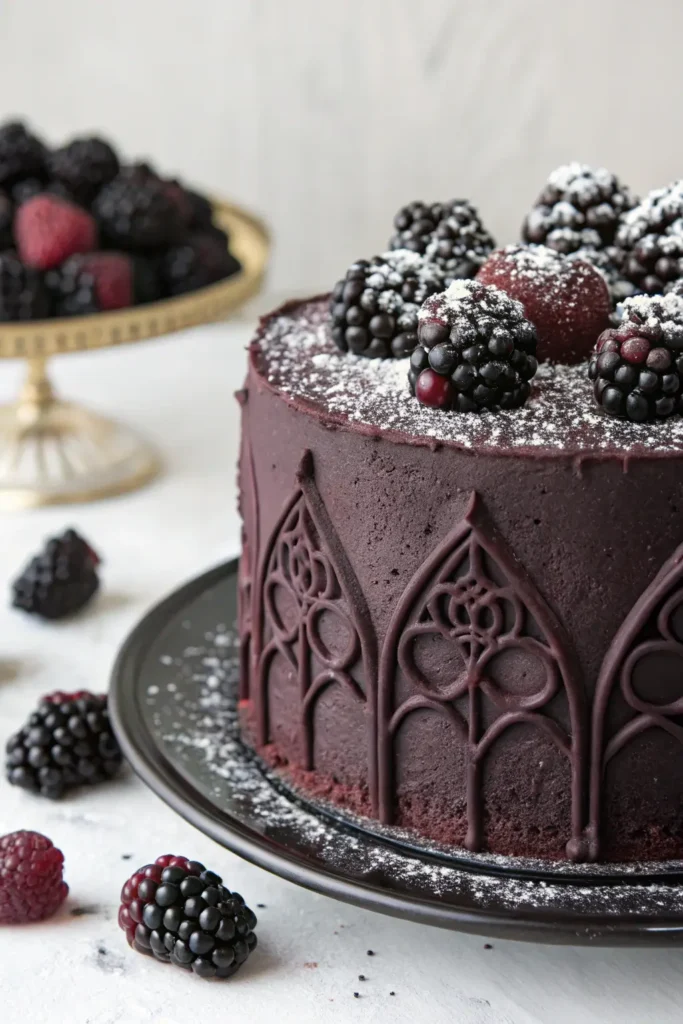 Slice of gothic blackberry velvet cake showing rich layers and dark chocolate details.