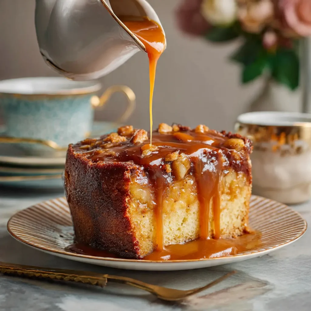 Caramel being poured over a warm slice of bread pudding cake on a plate with teacups in the background.