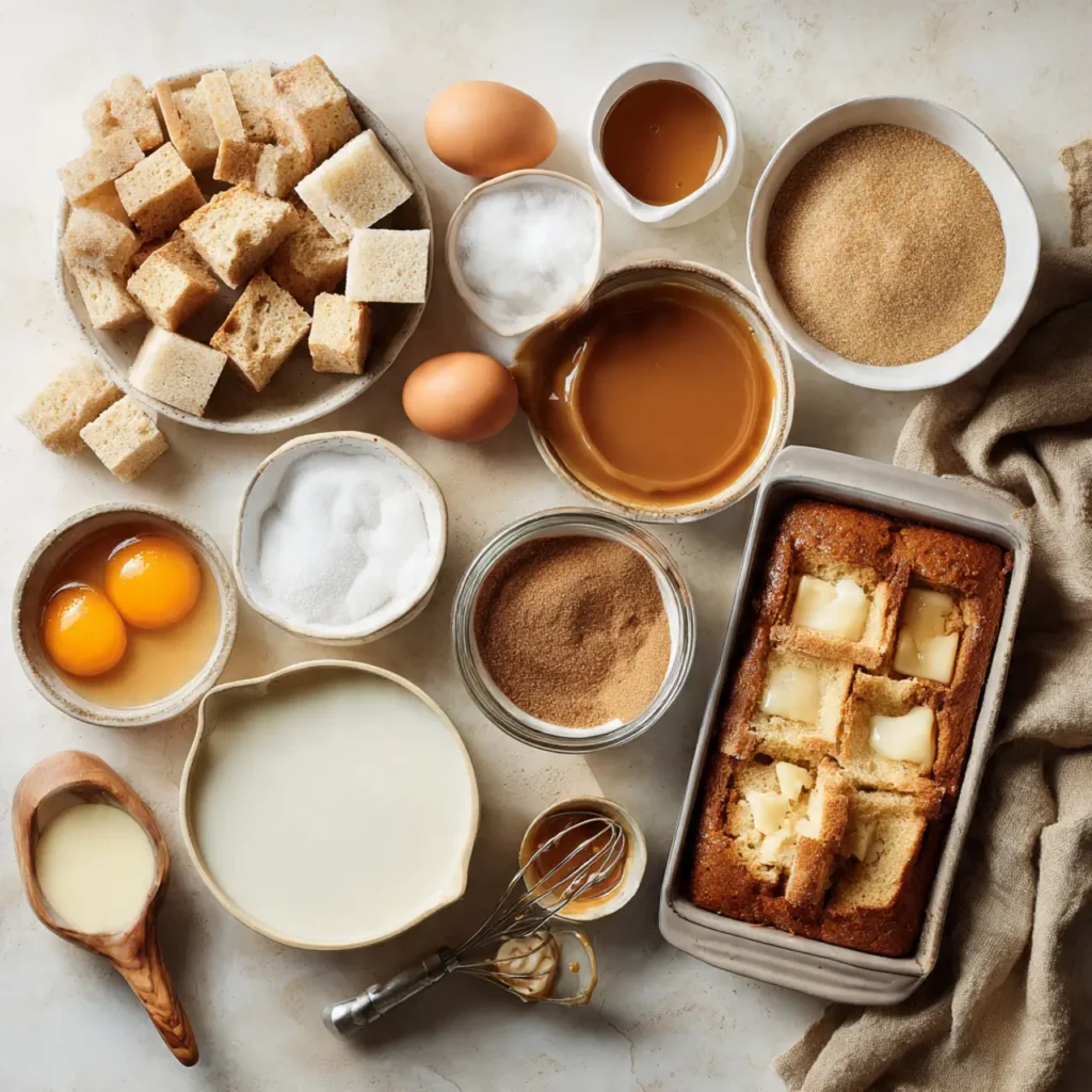 Overhead view of caramel bread pudding cake ingredients including cubed bread, eggs, sugar, milk, caramel sauce, and spices.