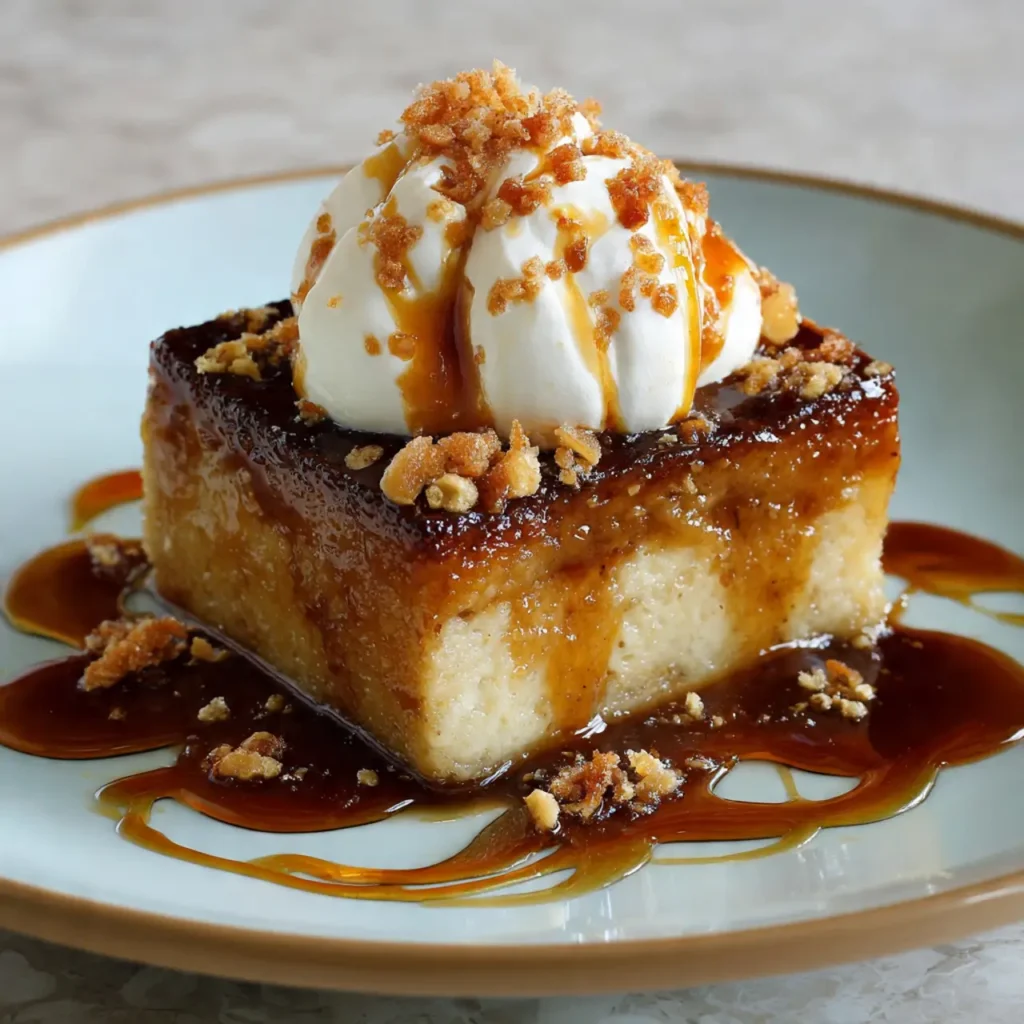 A square slice of caramel bread pudding cake topped with whipped cream, caramel drizzle, and crunchy crumble on a plate.