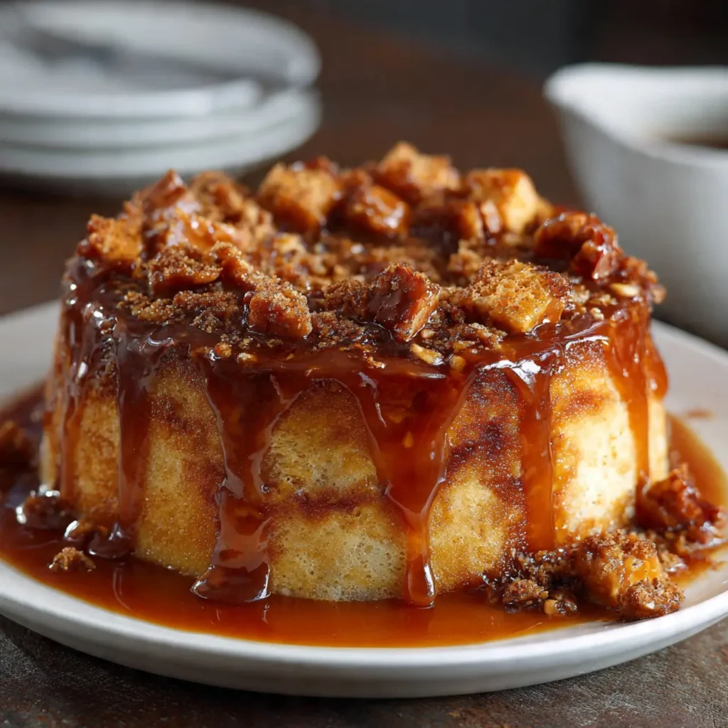 Round caramel bread pudding cake topped with caramel drizzle and crunchy bread pieces on a white plate.