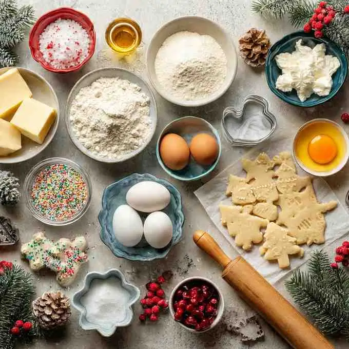 Overhead view of Christmas sugar cookie ingredients including flour, butter, eggs, sprinkles, cranberries, cookie cutters, and pine branches on a festive baking counter.