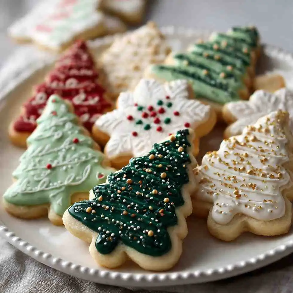 Decorated Christmas tree and snowflake sugar cookies with green, white, and red icing arranged on a plate.