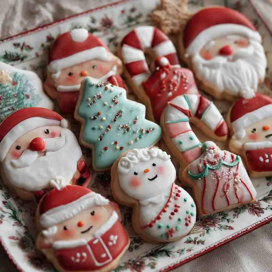 Christmas sugar cookies decorated as Santa, candy canes, snowmen, and Christmas trees on a holiday-themed plate.