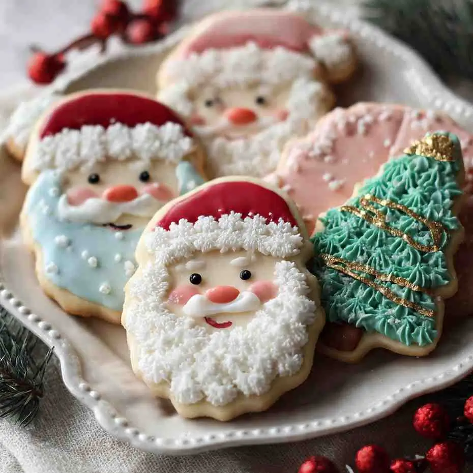 Santa face sugar cookies and Christmas tree cookies decorated with textured royal icing on a holiday plate.
