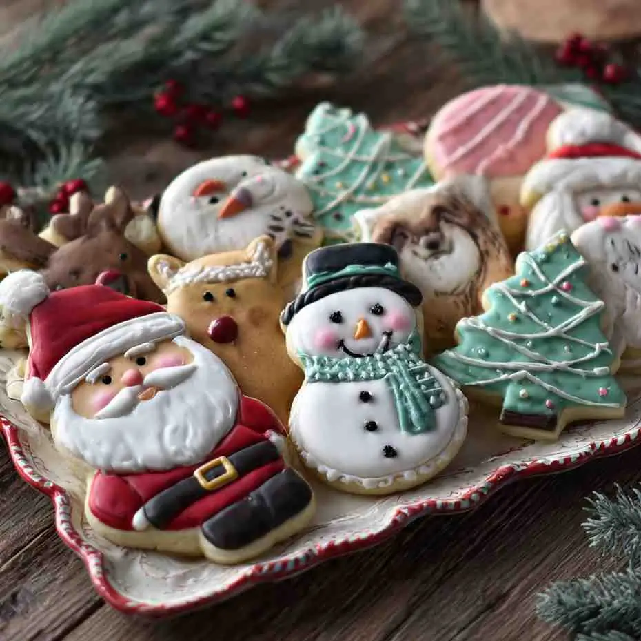 A platter of decorated Christmas sugar cookies, including snowmen, Santa, reindeer, and Christmas trees.