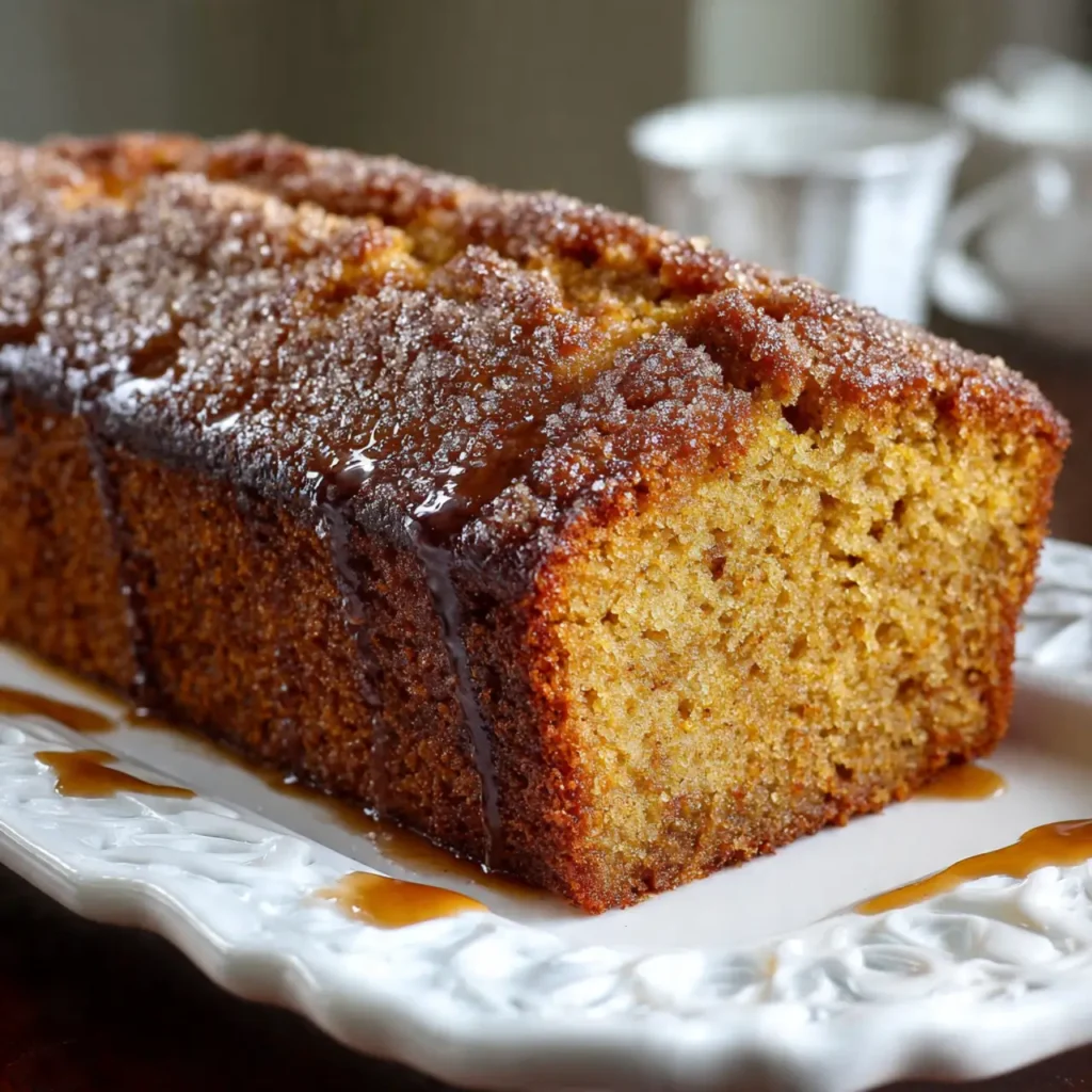 Moist pumpkin cinnamon loaf topped with a sugar crust and drizzled glaze on a white serving plate.