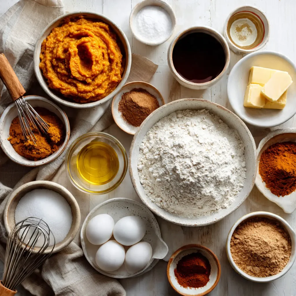 Overhead photo of pumpkin puree, flour, spices, sugar, eggs, butter, and oil arranged in bowls for making cinnamon pumpkin cake.