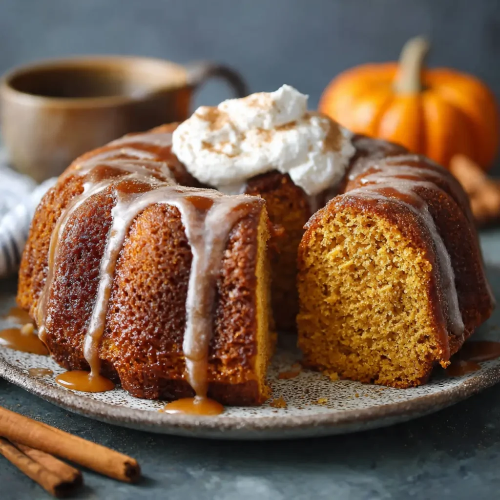 Pumpkin bundt cake drizzled with cinnamon glaze and topped with whipped cream on a rustic plate.