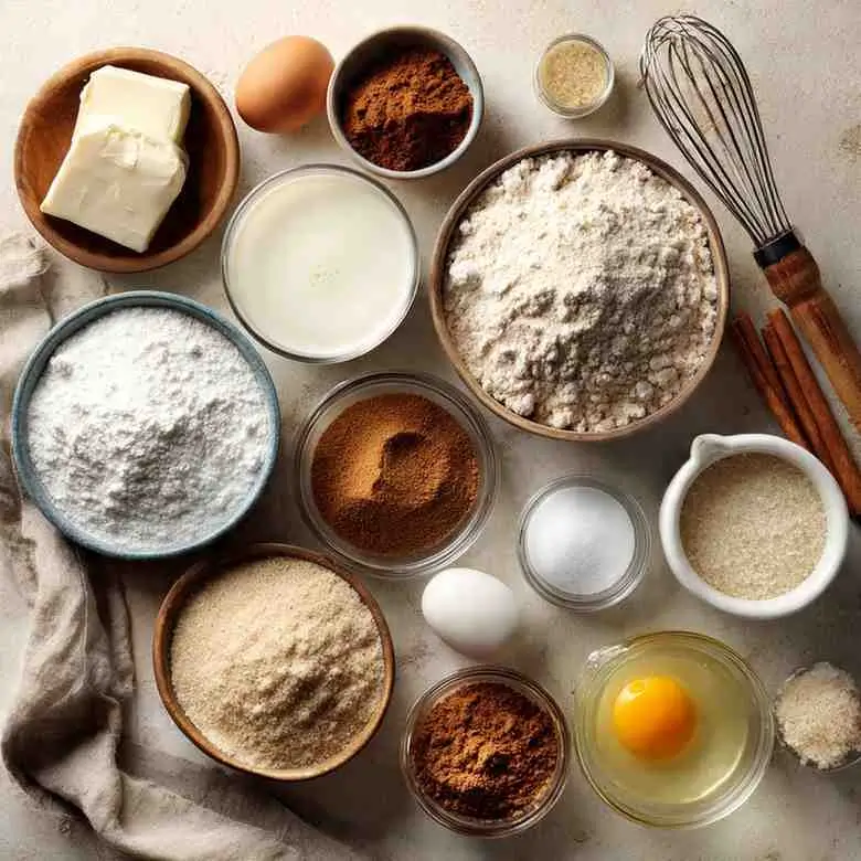 Overhead view of neatly arranged Cinnamon Roll Cake ingredients including flour, sugar, butter, milk, eggs, cinnamon, and brown sugar in small bowls on a light countertop.