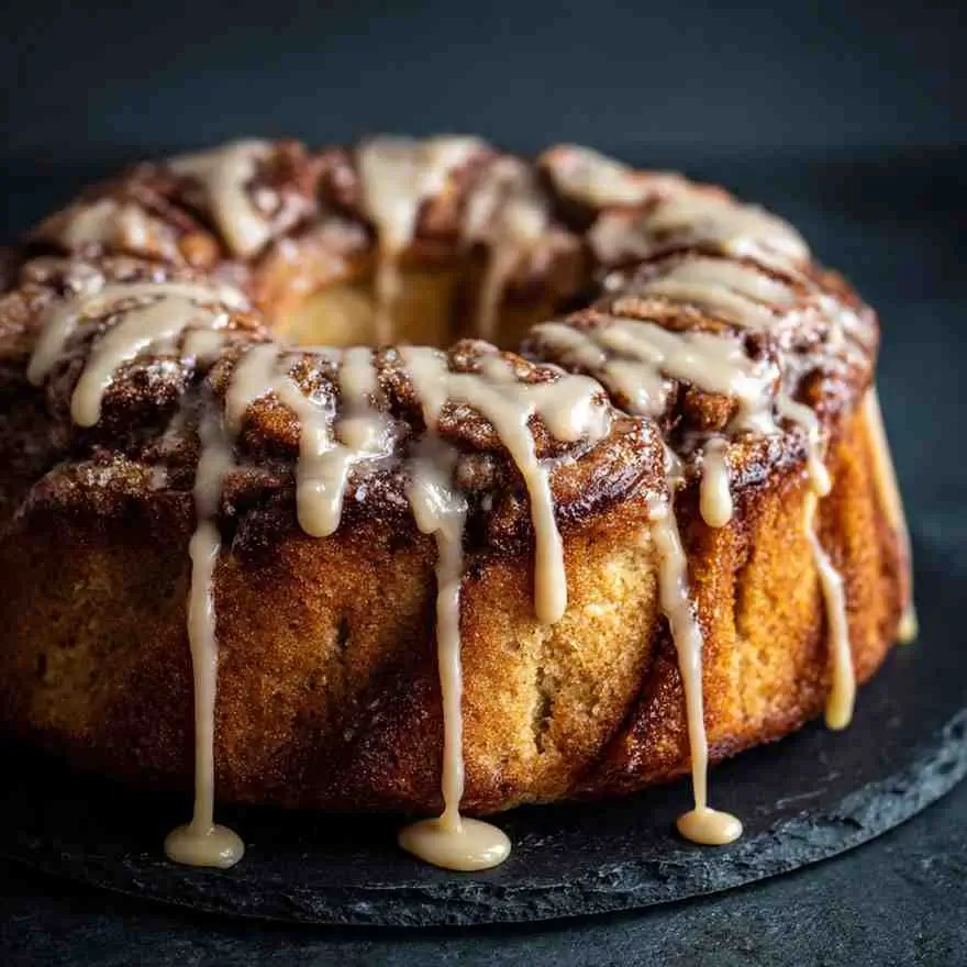 A golden bundt-style Cinnamon Roll Cake with thick cinnamon swirls and vanilla icing dripping down the sides against a dark background.