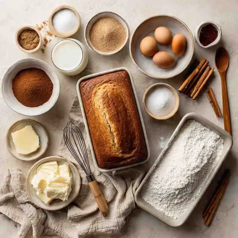 Overhead image showing a baked cinnamon loaf surrounded by ingredients including flour, sugar, butter, milk, eggs, cinnamon, and mixing tools on a neutral kitchen surface.